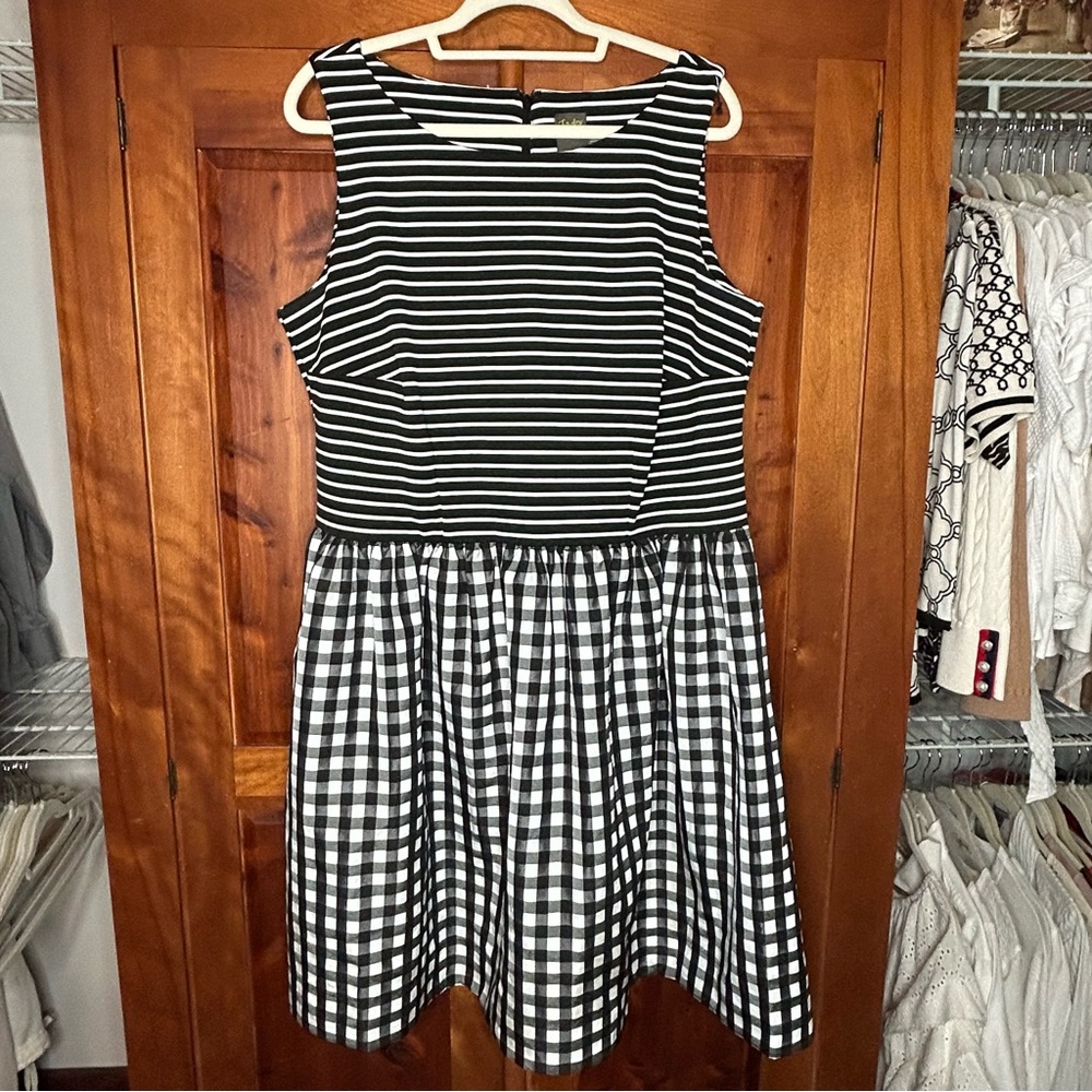 Taylor Woman Parisian Style Striped & Gingham Checkered Midi Dress Retro Chic